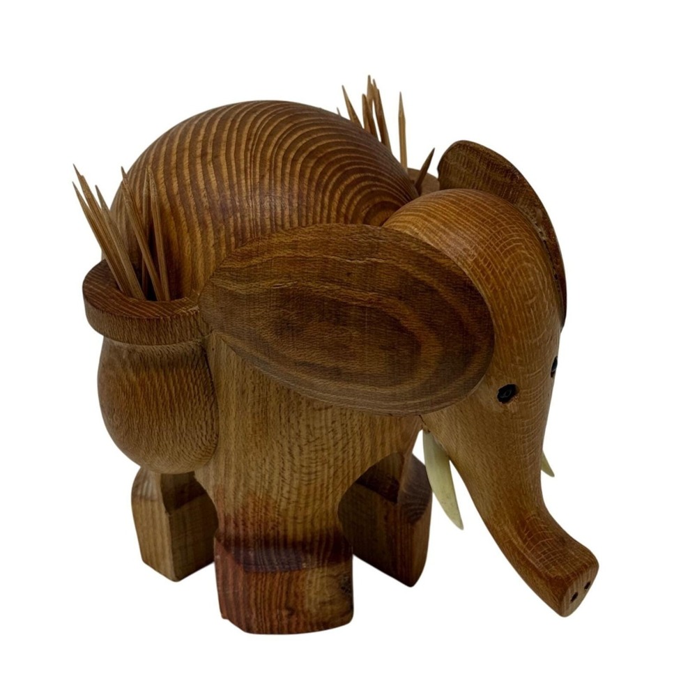 MCM Elephant Toothpick Holder Wood Bar Cart Pick Holder Appetizers Cocktails C